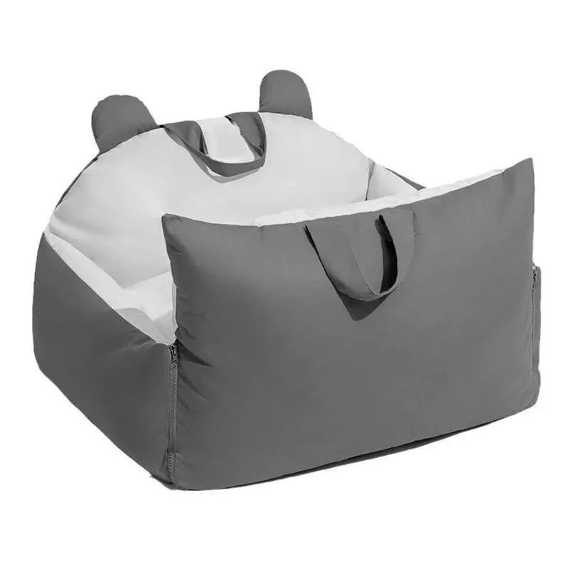 Removable washable dog car kennel in beige colours showing M and L size options for vehicle travel