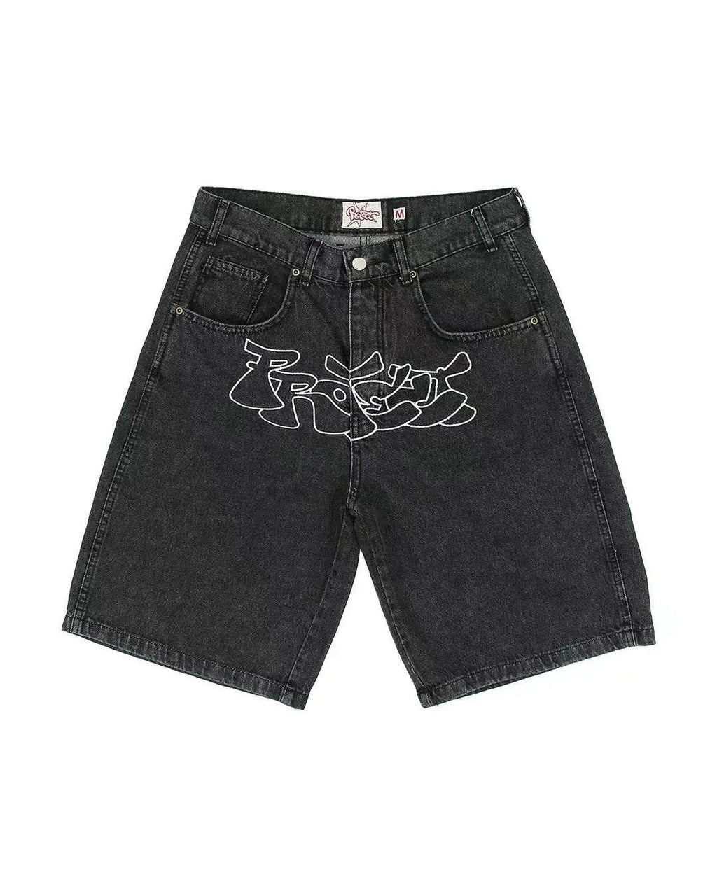 Men's blue denim hip hop shorts with straight leg cut on mannequin