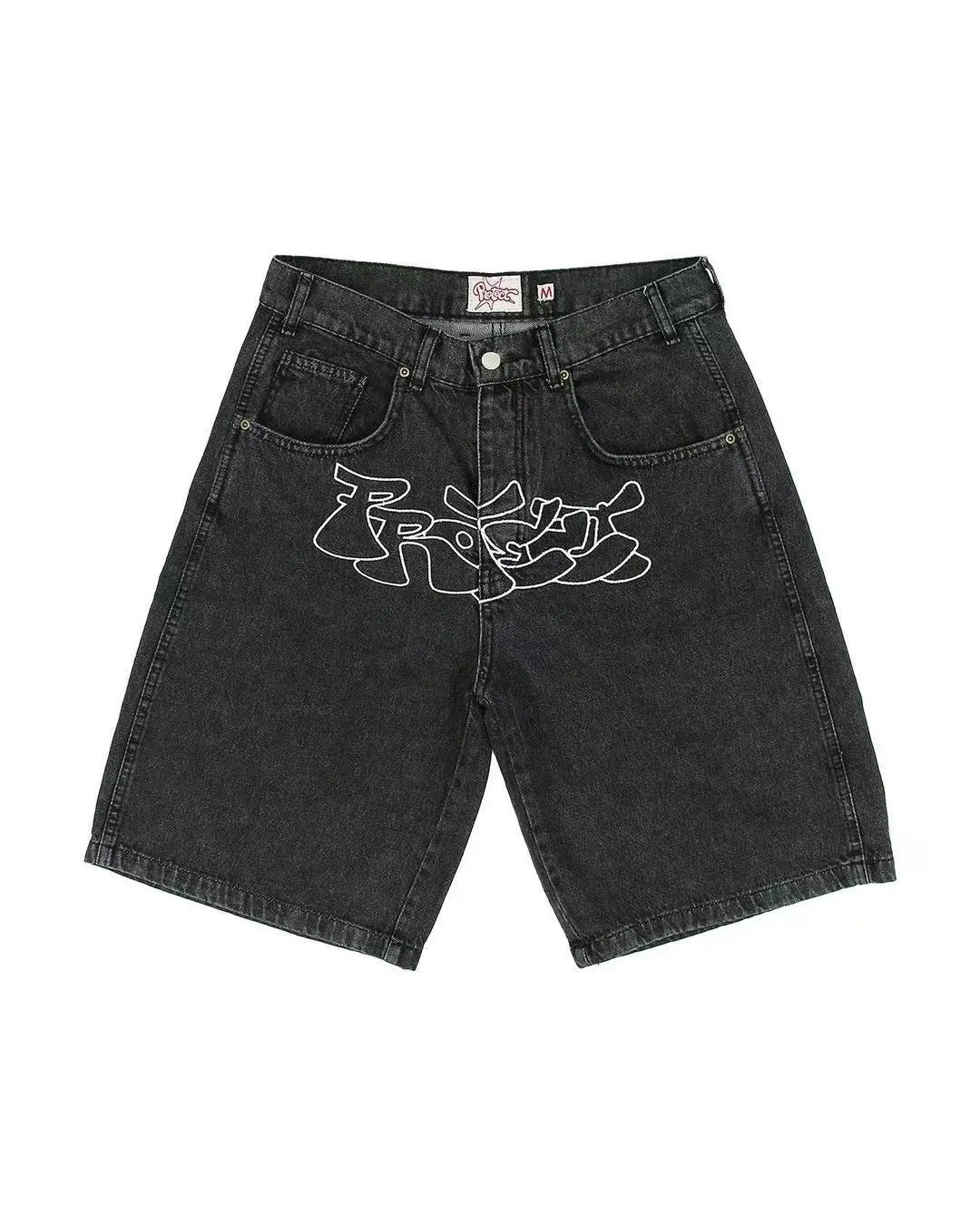 Men's blue denim hip hop shorts with straight leg cut on mannequin