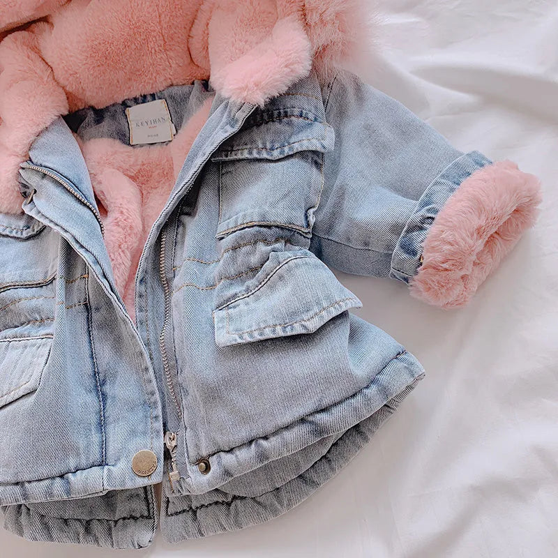 Blue denim coat for a young girl with a fleece lining and a non-removable hood.