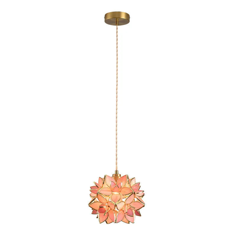 Copper and stained glass hanging line chandelier with adjustable cable for ceiling installation