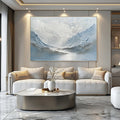 Light blue and white handpainted oil painting of mountain and lake scenery on thick canvas