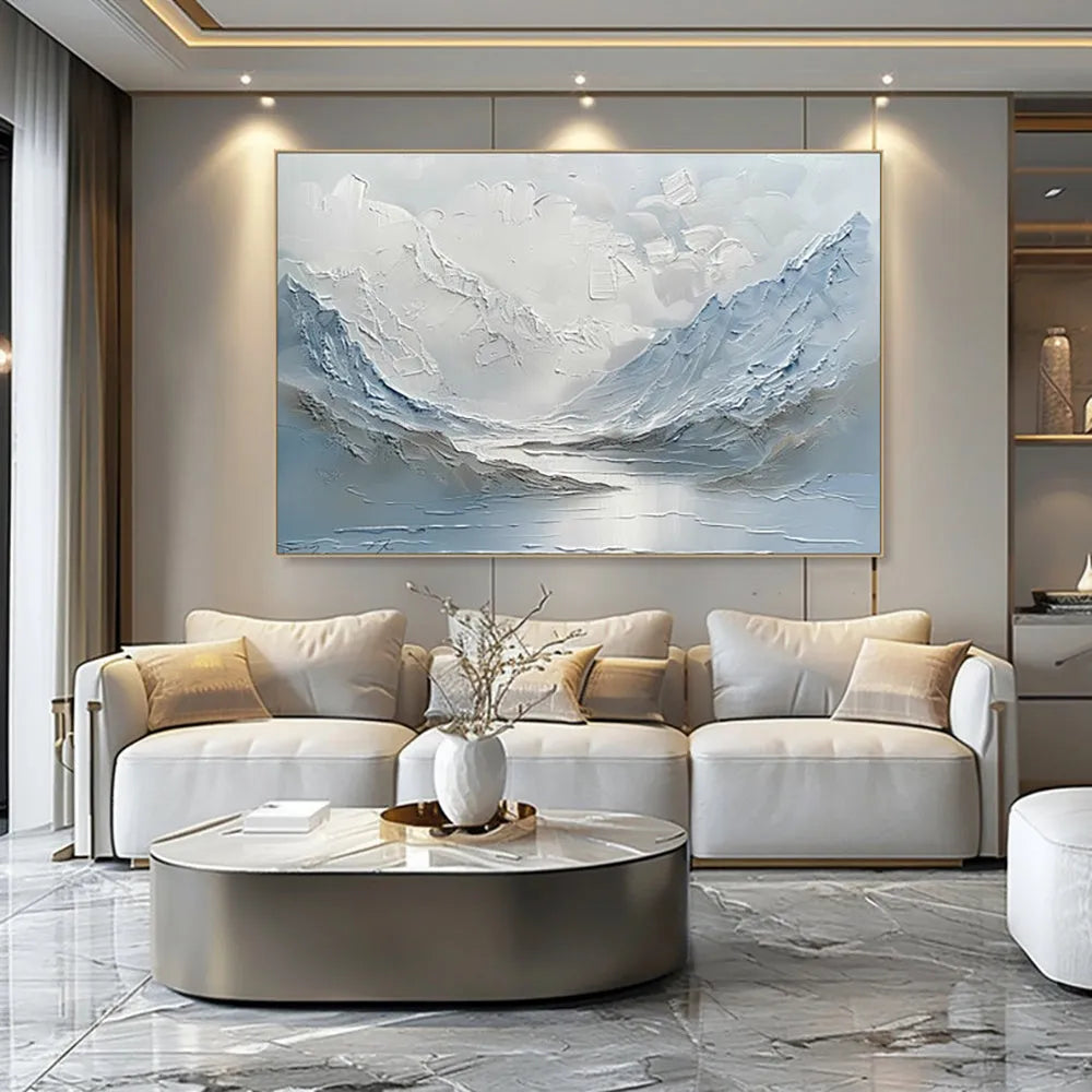 Light blue and white handpainted oil painting of mountain and lake scenery on thick canvas