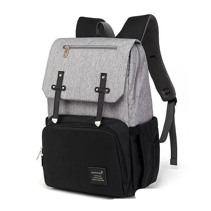 Grey white double shoulder mummy bag with bottle, stroller hooks, and multiple pockets for baby essentials