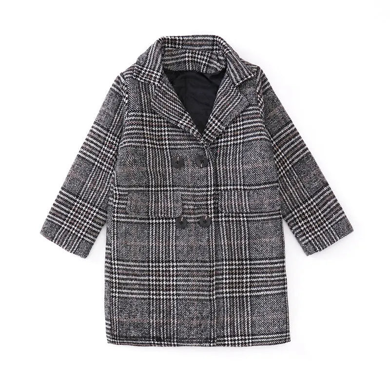 Girls' grey houndstooth plaid coat with suit collar and long sleeves.