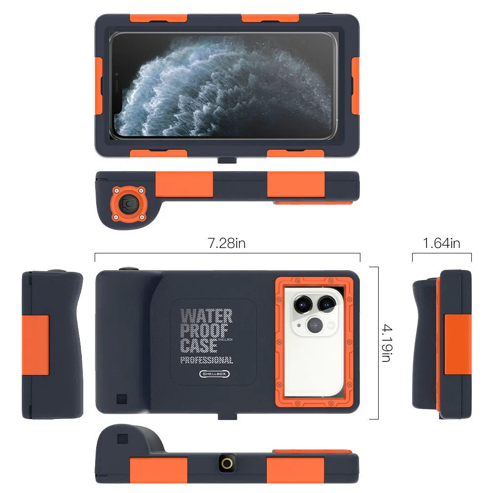 Orange universal waterproof phone case for iPhone and Samsung Galaxy models with clear touchscreen panel