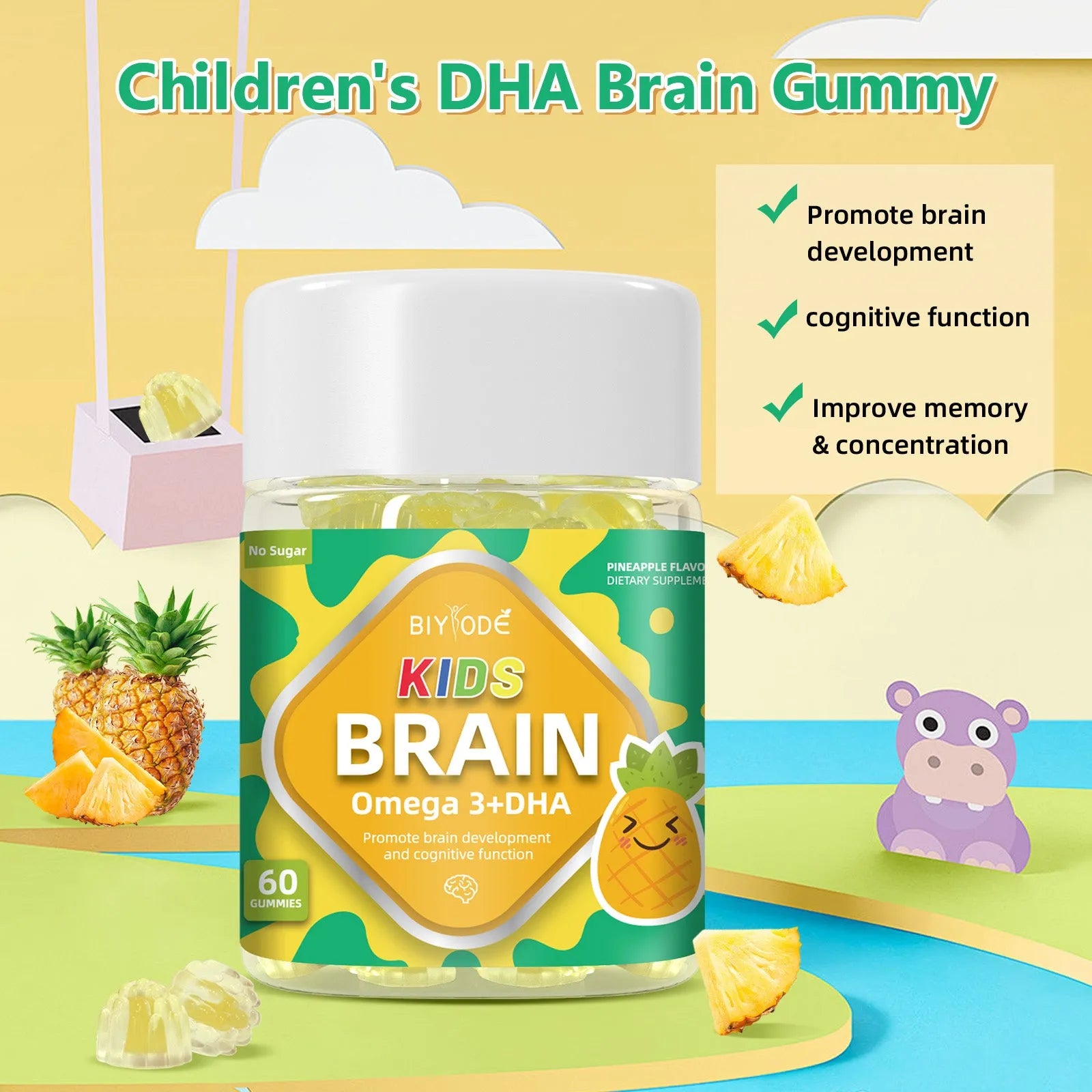 Kids multivitamin DHA gummies study support brain nutrition supplement 60 count bottle