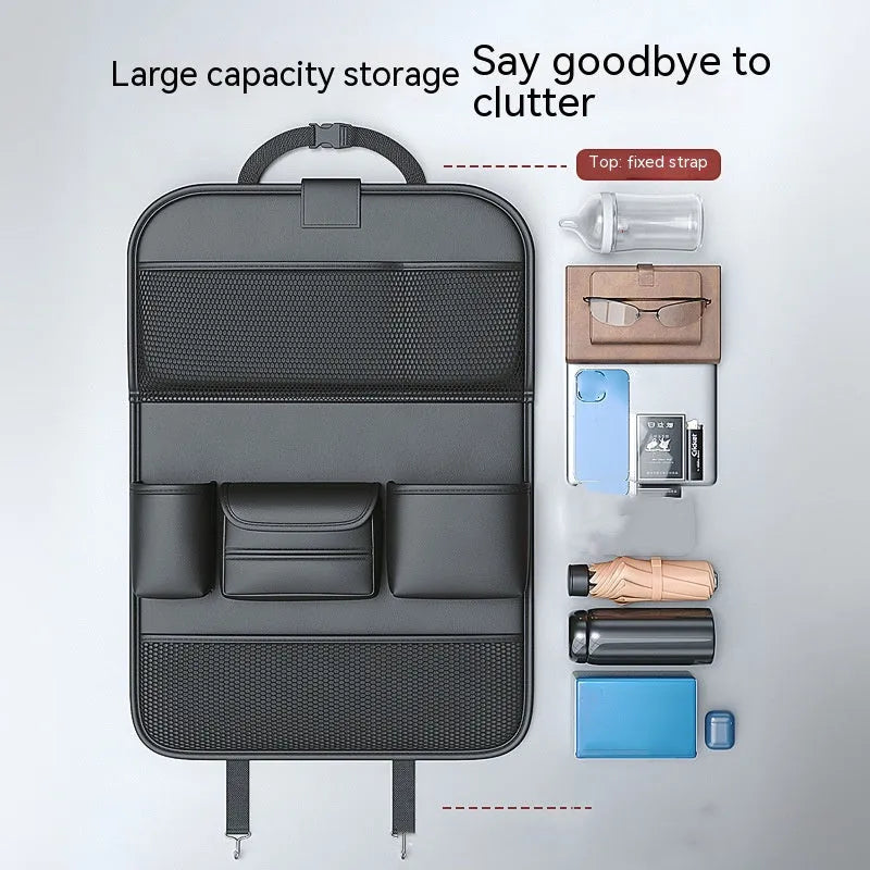 Car seat back storage bag with foldable dining table in waterproof leather construction