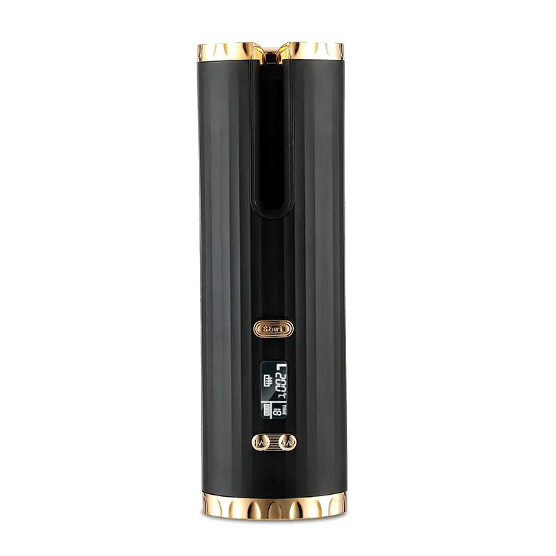 Rechargeable cordless automatic hair curler with ceramic barrel and LCD display in choice of colours.