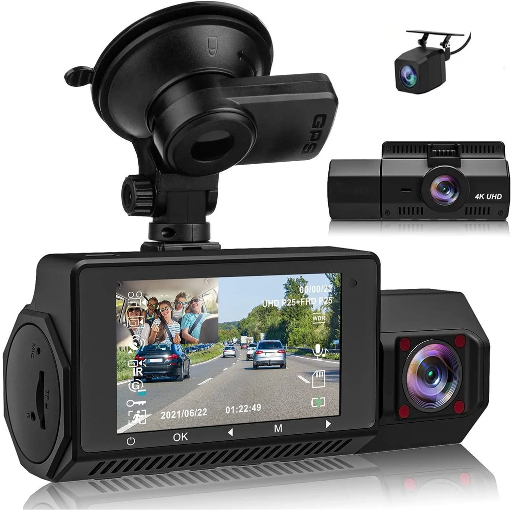 Three-record WIFI dashcam with 2.45-inch screen and GPS holder on car dashboard
