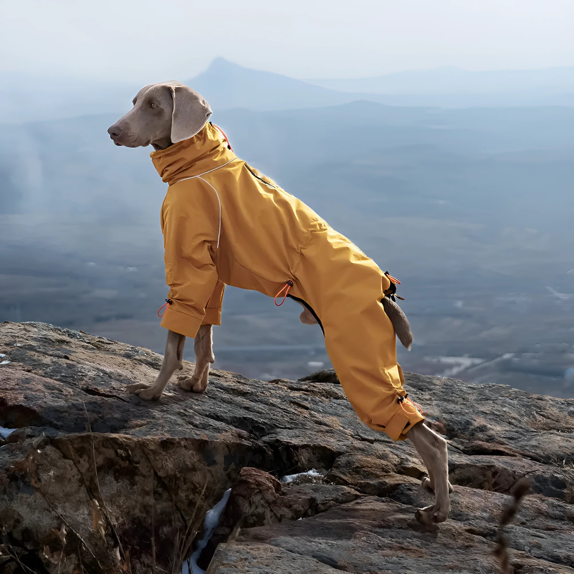 Large dog wearing a windproof four-leg polyester jacket with turtleneck in Turmeric colour
