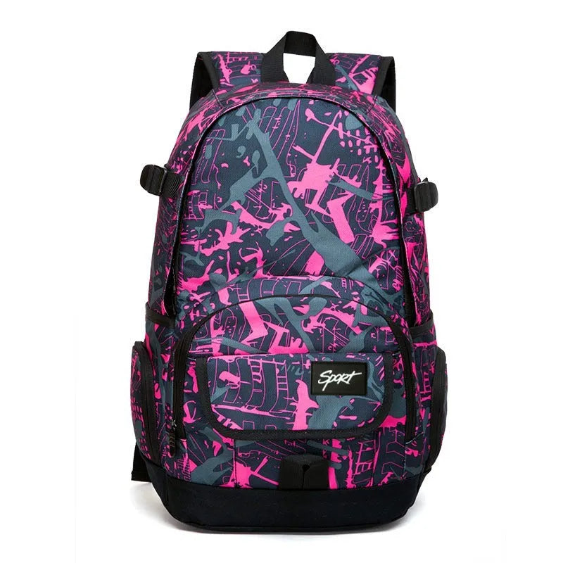 Blue and red classic nylon backpack with large main compartment and adjustable shoulder straps.