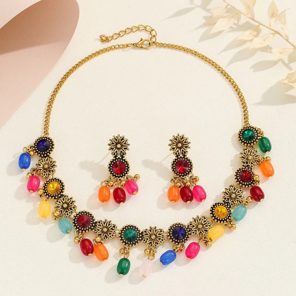 Bohemian jewellery set with ancient gold zinc alloy O-ring chain necklace and matching round earrings