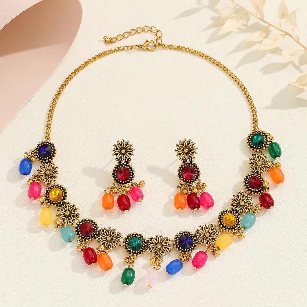 Bohemian jewellery set with ancient gold zinc alloy O-ring chain necklace and matching round earrings