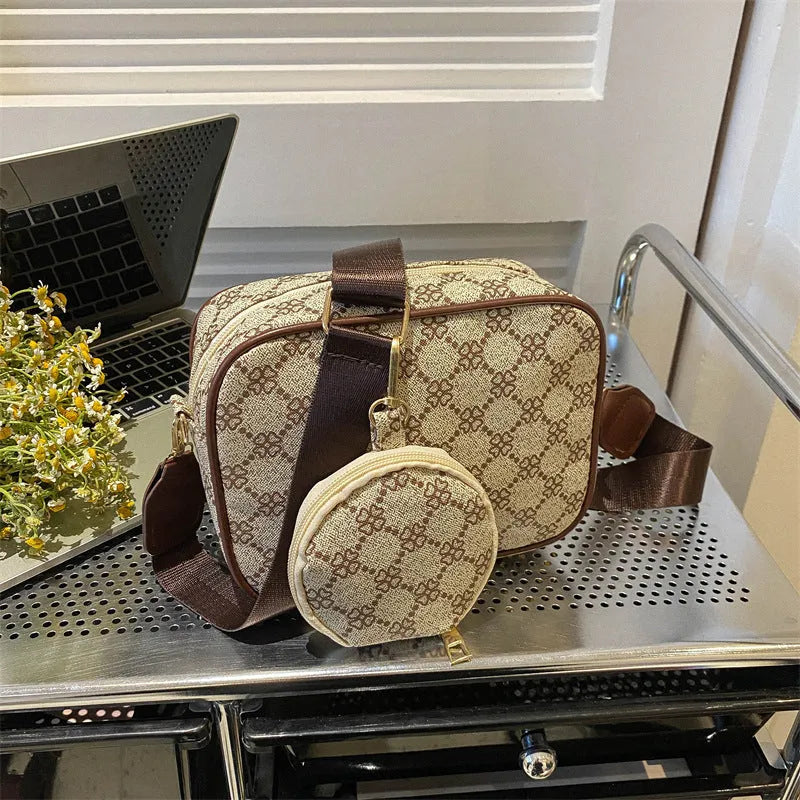 Vintage plaid crossbody bag in khaki, PU material, horizontal square shape with outer pocket and matching small bag