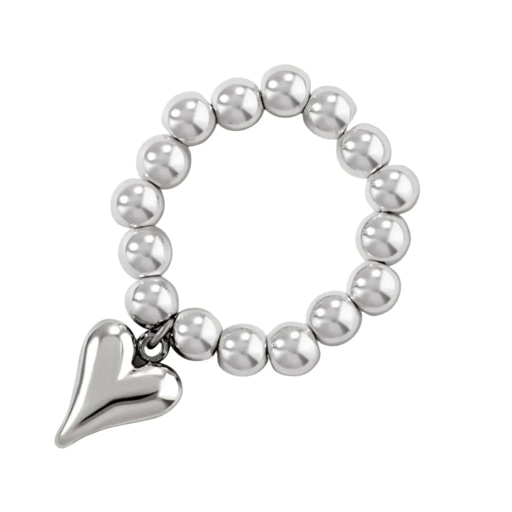 Handmade gold and white elastic beaded ring with a geometric love heart design.
