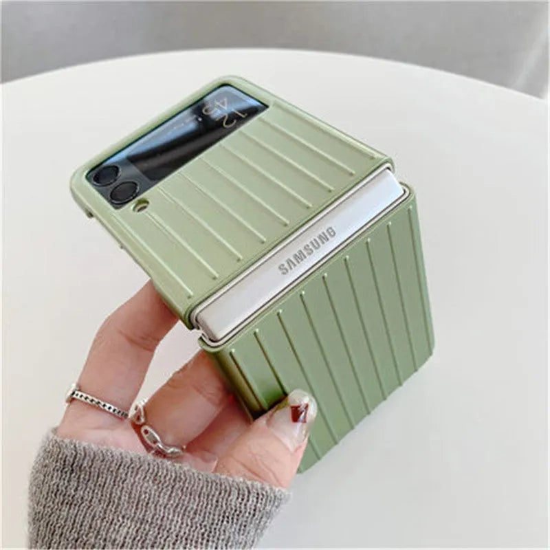 Samsung Z Flip3 flip phone case in solid colours including black, red, gold, and sky blue.