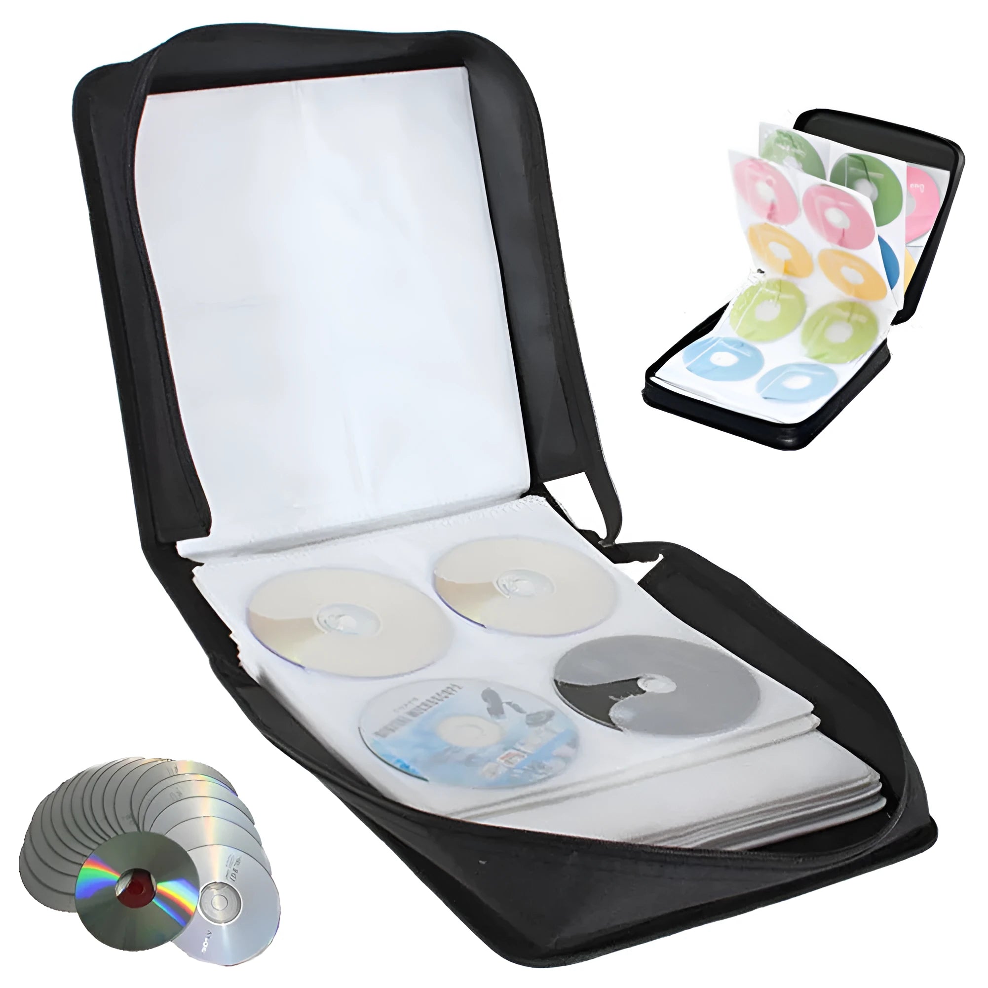 Black Oxford fabric CD and DVD storage binder with a zip and top carry strap.
