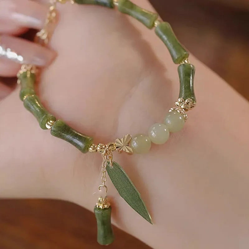 Chinese style bamboo leaf glass bracelet for women with manual craftsmanship.