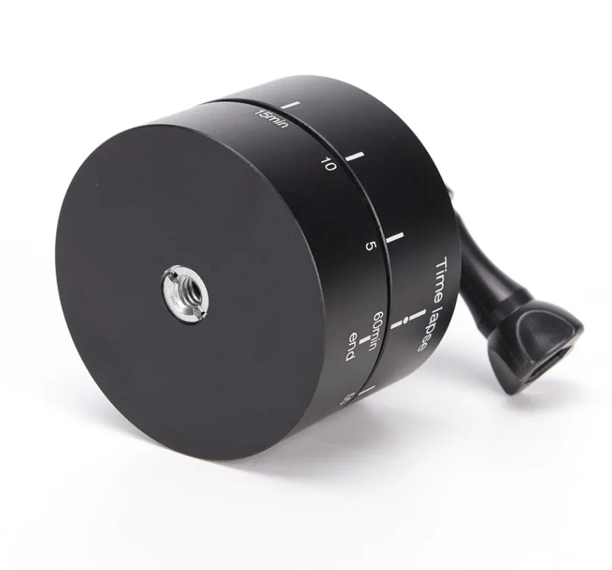 Lapse-compatible 360-degree auto-rotate camera tripod head on a tripod.