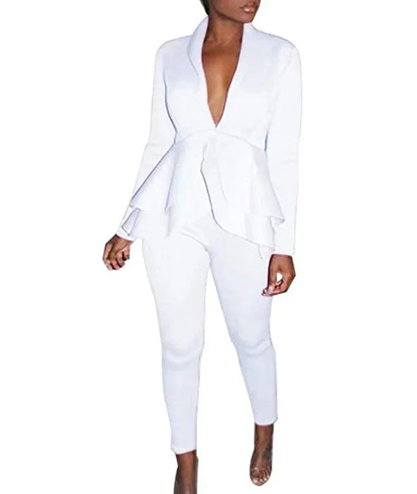 Women's white ruffled business shirt and black pencil pants from a formal two-piece uniform set.