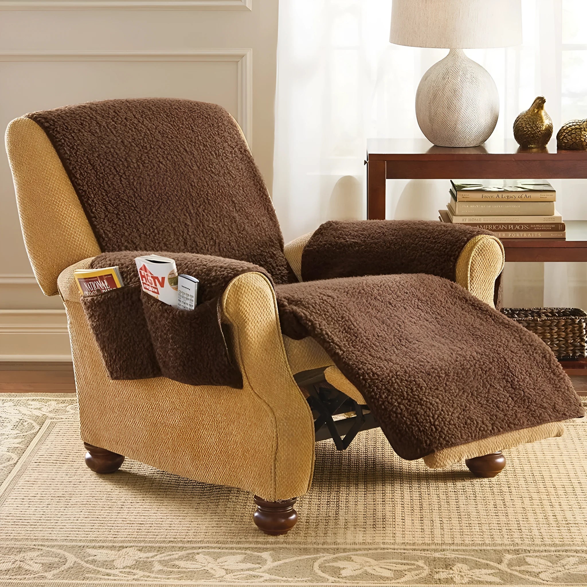 Lamb wool texture sofa cover in beige colour showing universal fit design for furniture protection