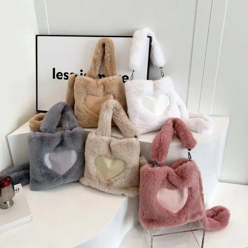 Women's fluffy plush shoulder bag in brown with detachable top handle and shoulder strap on a white background