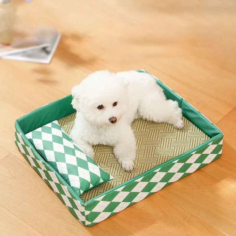 Blue rattan woven cat litter mat and cooling bed for pets on a wooden floor.
