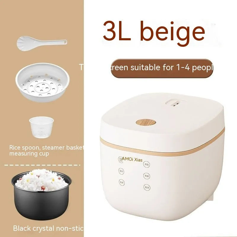 White or beige intelligent rice cooker with 3L capacity and digital control panel
