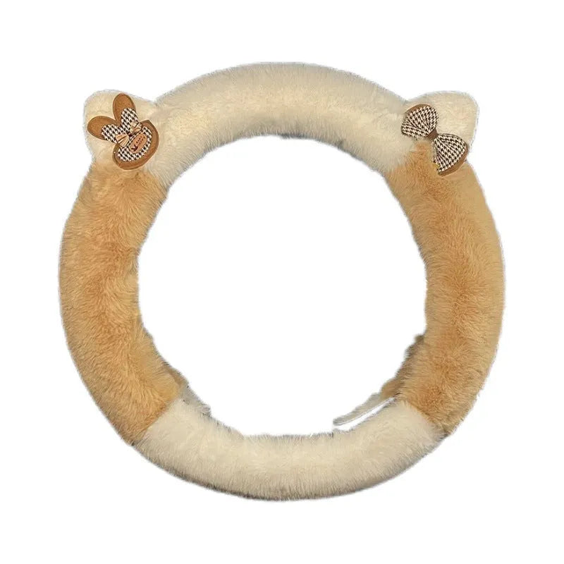 Plush steering wheel cover with cute cartoon panda ears in milk tea white for 38cm diameter steering wheels