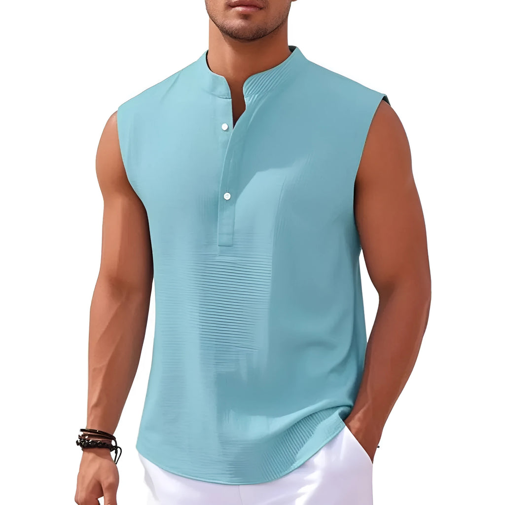 Men's stand collar sleeveless vest with striped jacquard pattern, round hem, in light gray colour, front view