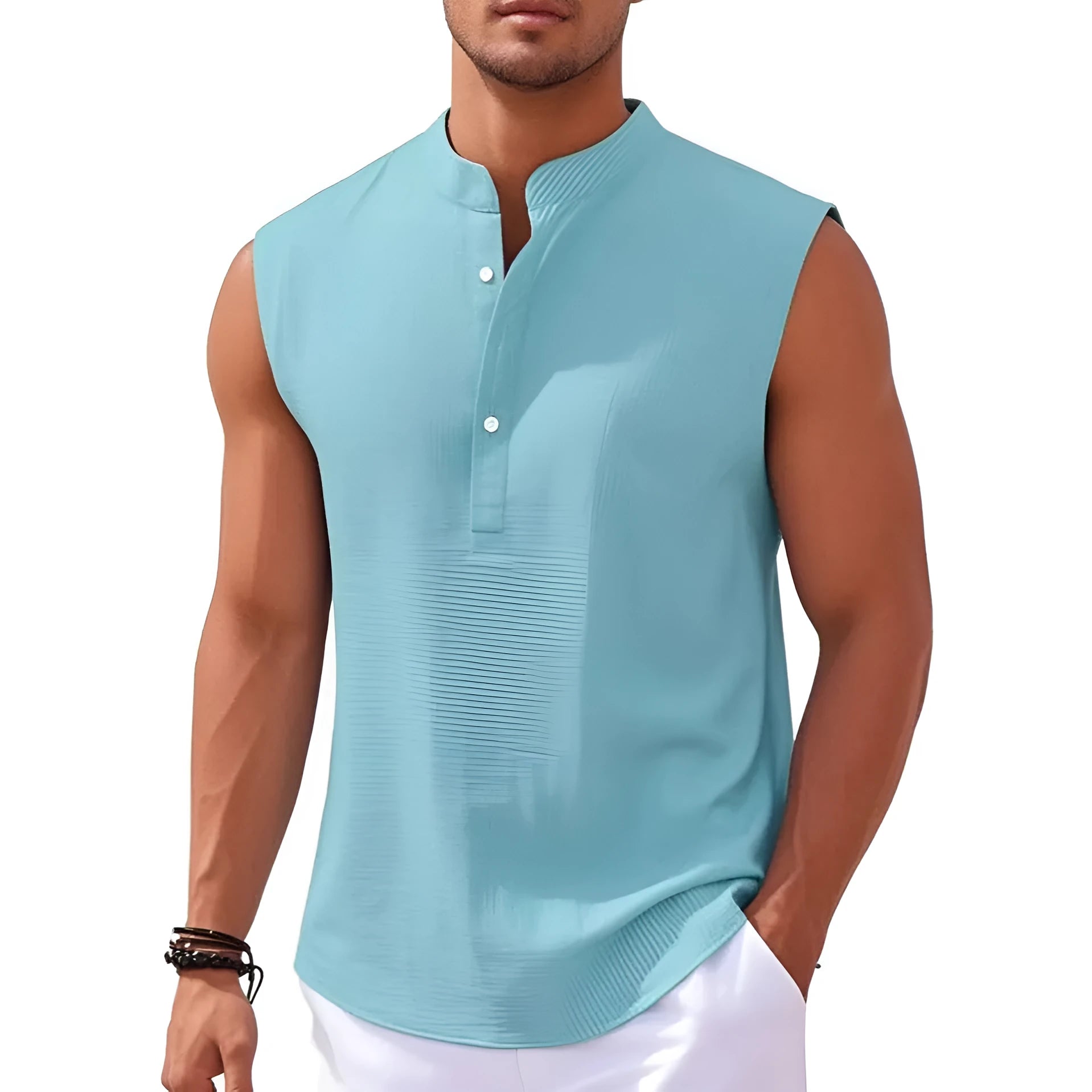 Men's stand collar sleeveless vest with striped jacquard pattern, round hem, in light gray colour, front view