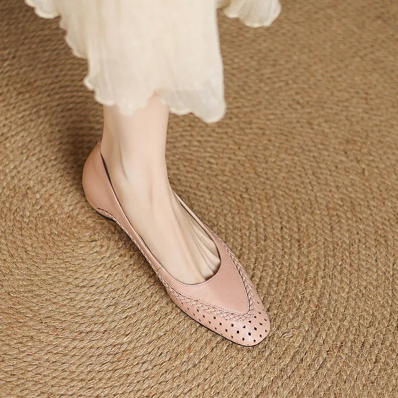 Women's milky white goat skin sandals with hollow-out design and beef tendon sole.