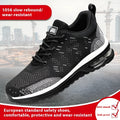 Black men's protective labour shoes with steel toe cap and mesh upper