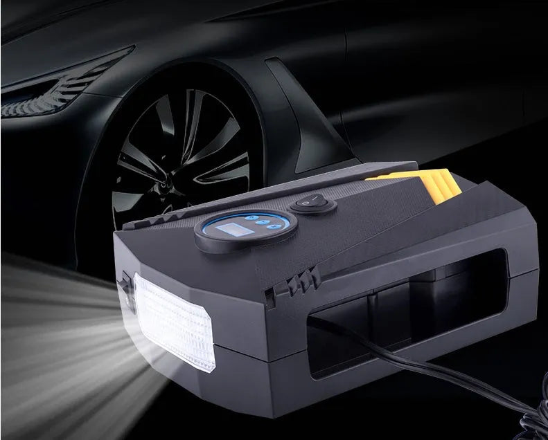 Black 12V electric tyre inflator with digital display, tyre pressure gauge and lighting