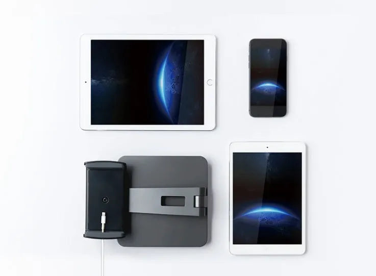 Folding aluminium phone and tablet stand in black showing 360° rotation and anti-slip silicone pads