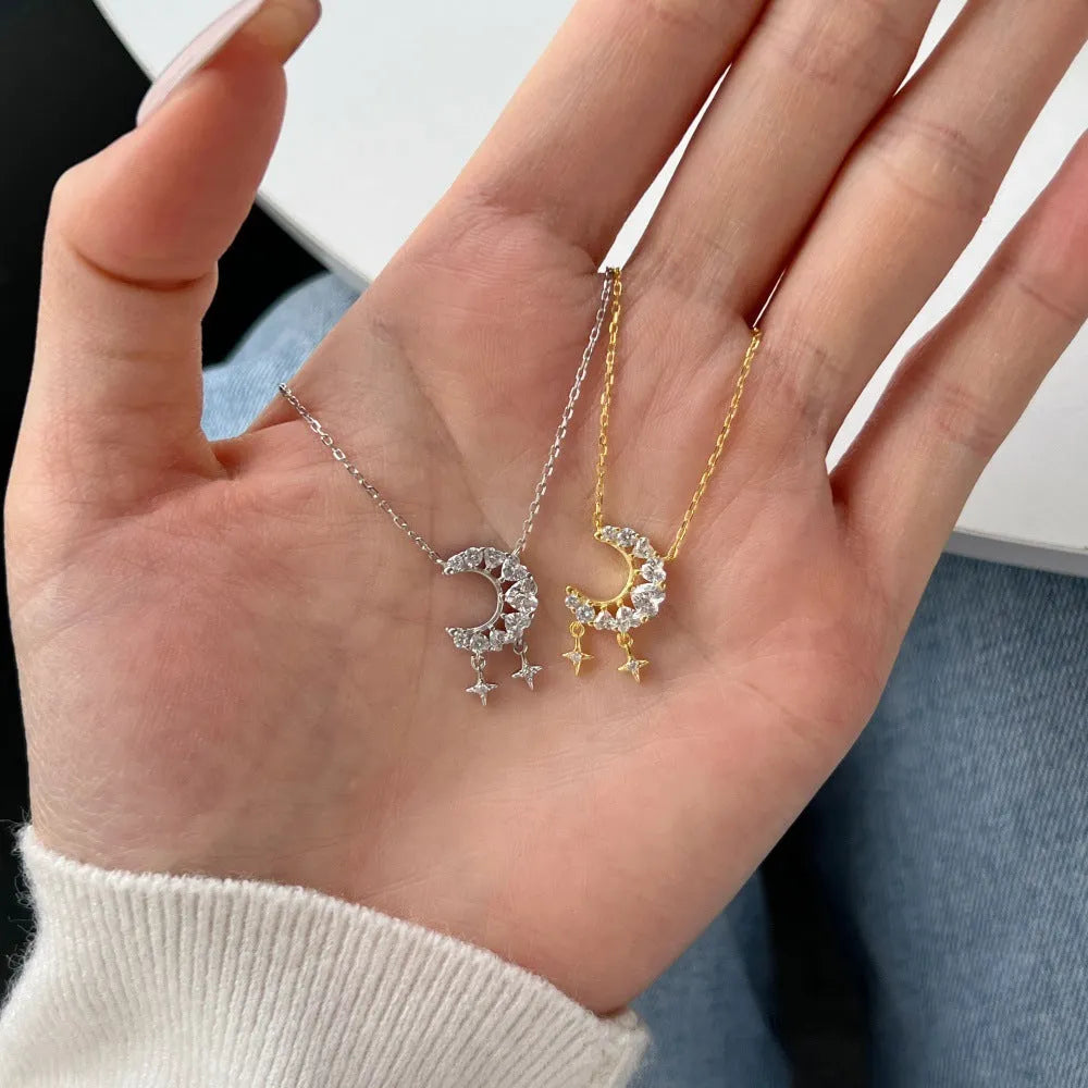 925 silver necklace with moon hollow heart pendant and tassel, gold electroplated finish on clavicle chain