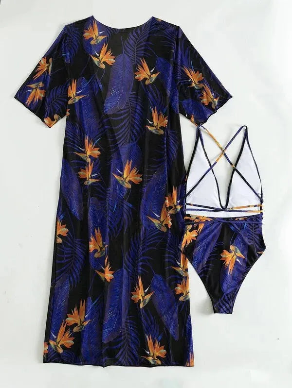 Women's polyester three-piece swimsuit bikini set with a matching cover-up coat in a patterned design.