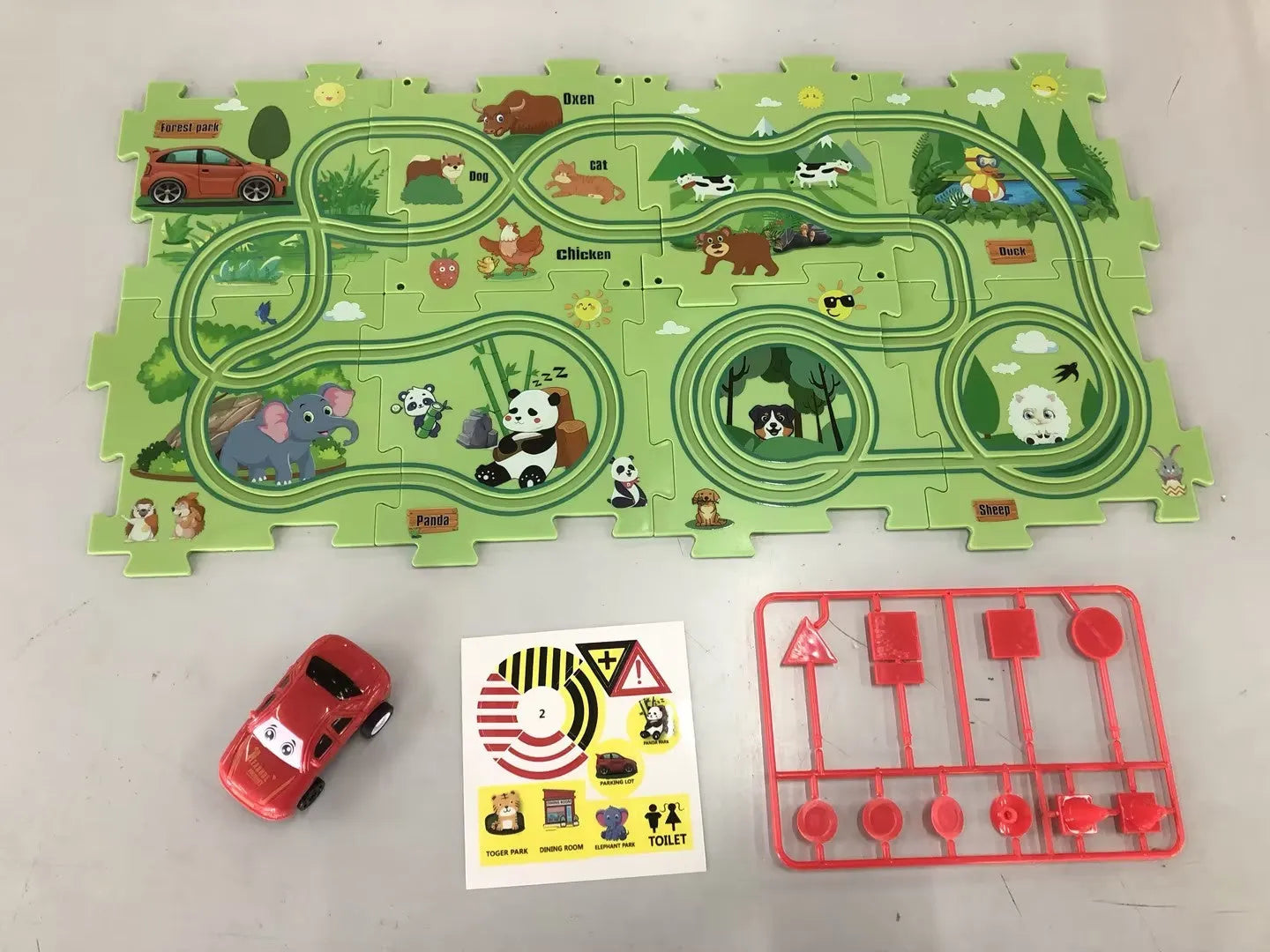 Children puzzle electric railroad speeder DIY assembly track set with automatic car and plastic pieces in multiple themes