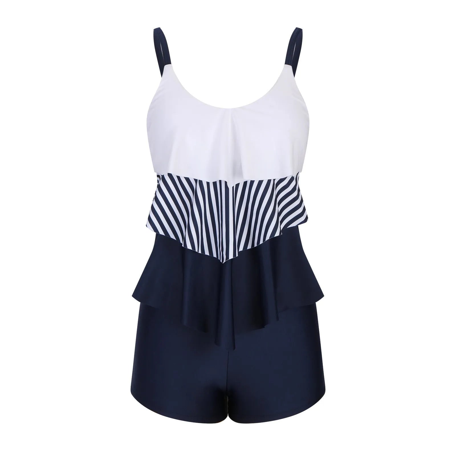 Ladies conservative stripe boyshorts split fashion swimsuit with moderate coverage