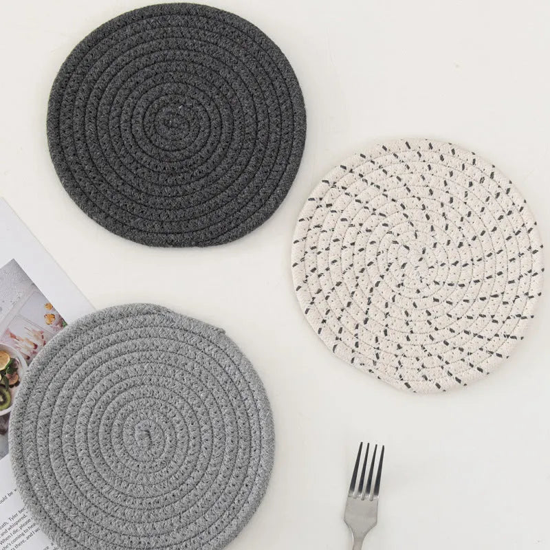 Three round cotton cord coasters in modern simplicity style with 18cm diameter measurement