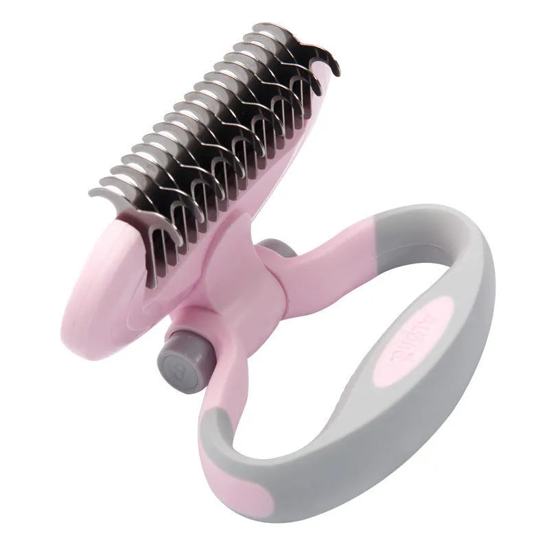 Dog comb with two-sided teeth and rotating handle in blue on white background