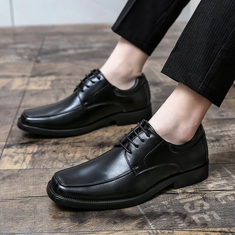 Men's black square toe business casual shoes with rubber soles and artificial PU upper