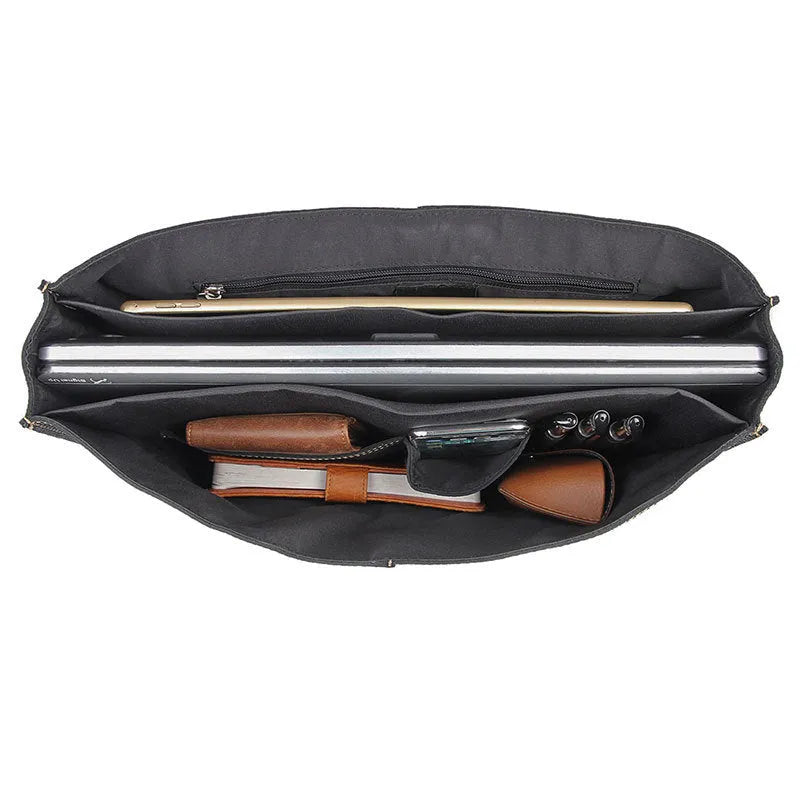 Men's retro cowhide leather business briefcase in black with adjustable shoulder strap, 38cm length
