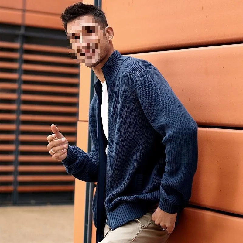 Men's half-high collar cardigan sweater slim jacket in sapphire blue with batwing sleeves front view