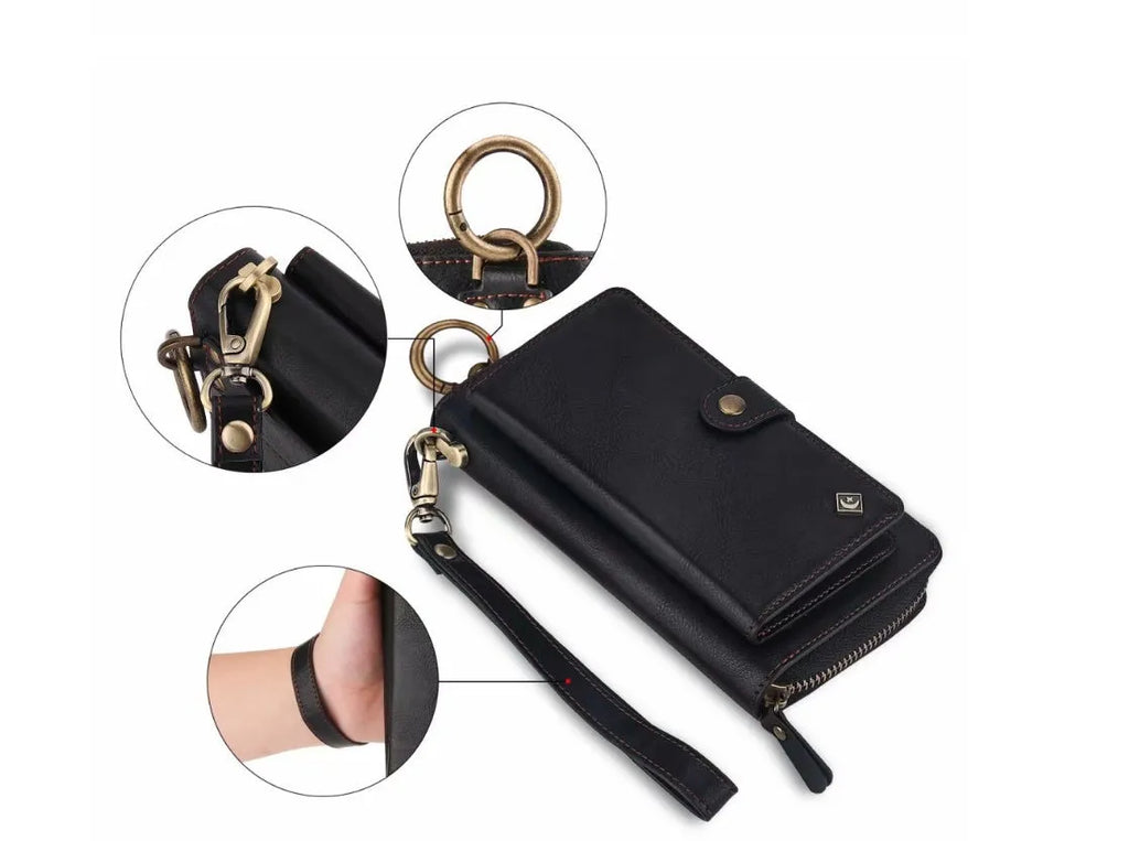 Imitation leather wallet phone case for Samsung Galaxy Note8 in black colour showing card slots and zipper