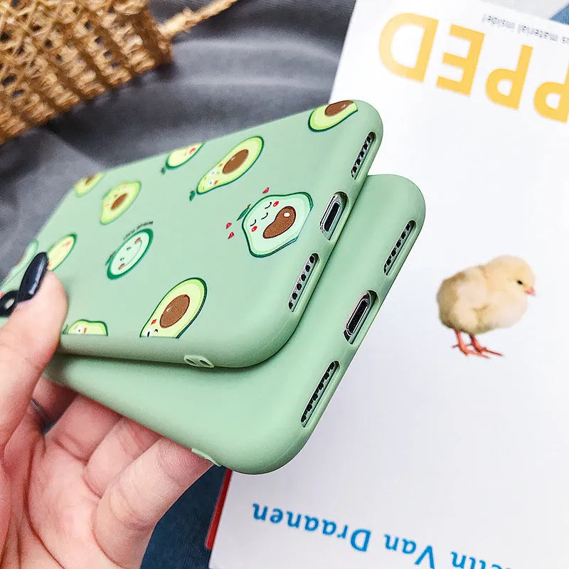 Avocado cartoon design on a green TPU back cover phone case for smartphones.