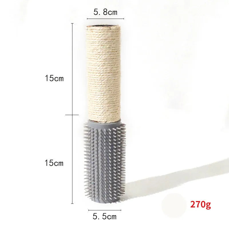 Brown sisal scratching post for cats with attached face toy, 30cm tall
