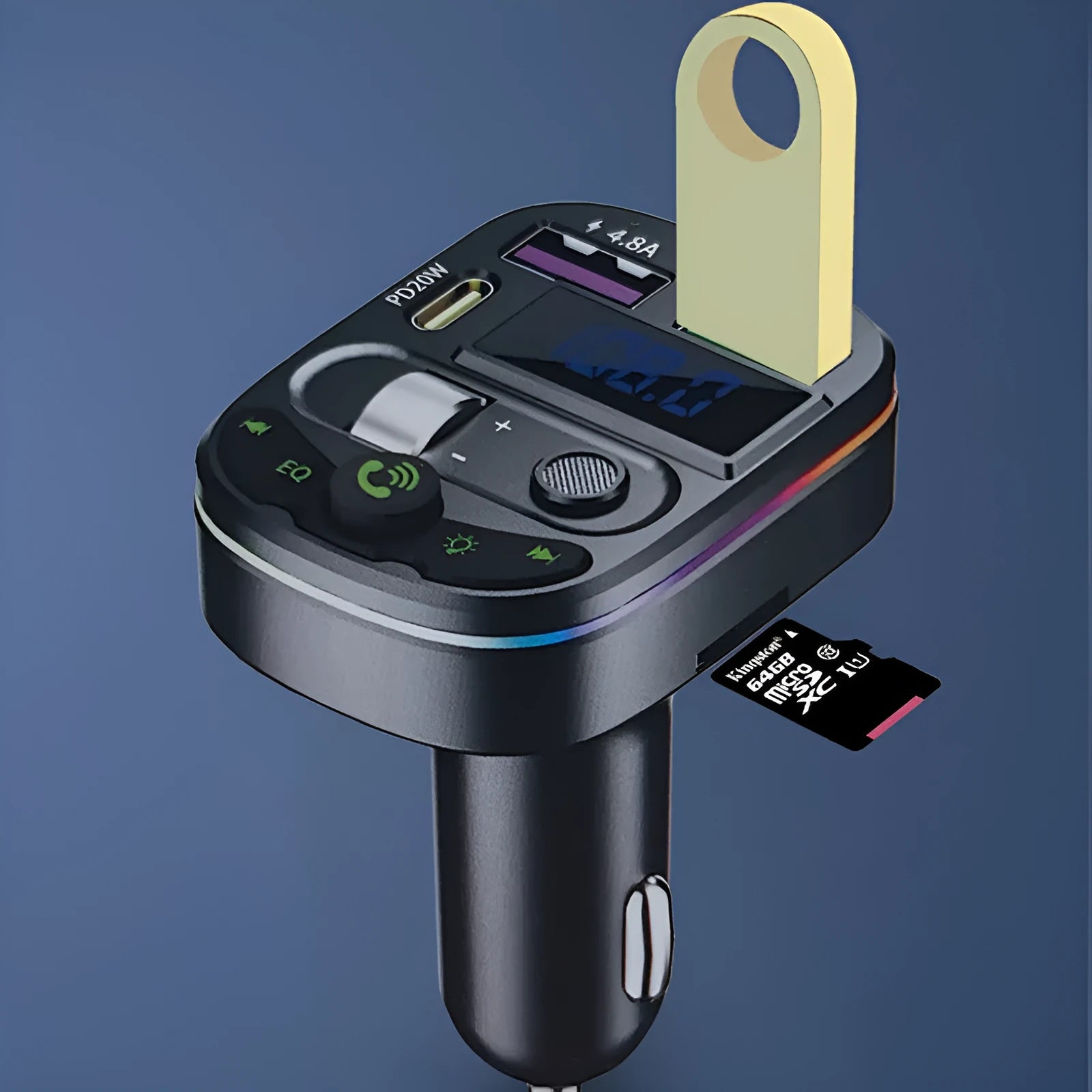 On board Bluetooth car receiver with USB charging port and MP3 playback functionality.