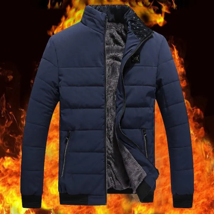 Men's winter coat Korean style fleece-lined cotton-padded jacket with zipper pockets in black, dark blue, and purplish red